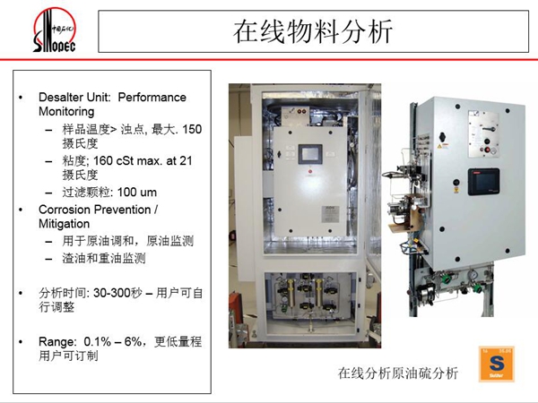 在線原油硫分析儀：可用于原油調(diào)和、原油監(jiān)測；渣油和重油監(jiān)測，分  析時(shí)間：30-300秒，用戶可自行調(diào)整；Range:0.1%-0.6%