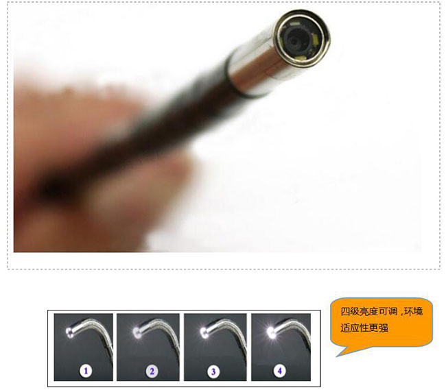 采用進(jìn)口攝像頭，45萬(wàn)像素，成象效果好，照明無(wú)死角，無(wú)光斑