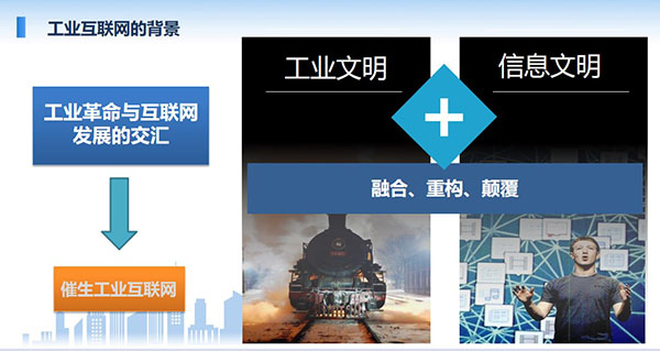 工業(yè)互聯(lián)網(wǎng)的背景：工業(yè)革命與互聯(lián)網(wǎng)發(fā)展的交匯催生出工業(yè)互聯(lián)網(wǎng)，工業(yè)文明加信息文明融合、重構(gòu)、顛覆。