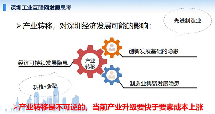 產(chǎn)業(yè)轉(zhuǎn)移，對(duì)深圳經(jīng)濟(jì)發(fā)展可能的影響：創(chuàng)新發(fā)展基礎(chǔ)的隱患、經(jīng)濟(jì)可持續(xù)發(fā)展隱患、制造業(yè)集聚發(fā)展隱患；產(chǎn)業(yè)轉(zhuǎn)移是不可逆的， 當(dāng)前產(chǎn)業(yè)升級(jí)要快于要素成本上漲