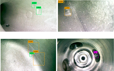 AI智能識別系統(tǒng)內(nèi)窺鏡損傷自動識別示例：裂縫、缺損、腐蝕、嚴重積碳、凹陷等