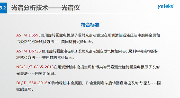 ASTM D6595使用旋轉(zhuǎn)圓盤電極原子發(fā)射光譜法測定在用潤滑油或液壓油中磨損金屬和污染物的標準試驗方法----美國材料試驗協(xié)會。 &nbsp; ASTM D6728 使用旋轉(zhuǎn)圓盤電極原子發(fā)射光譜法測定燃氣機和柴油機燃料中污染物的標準試驗方法----美國材料試驗協(xié)會。 &nbsp; NB/SH/T 0865-2013在用潤滑油中磨損金屬和污染物元素測定旋轉(zhuǎn)圓盤電極原子發(fā)射光譜法----國家能源局。 &nbsp; DL/ T 1550-2016礦物絕緣油中金屬銅、鐵含量測定法旋轉(zhuǎn)圓盤電極發(fā)射光譜法----國家能源局。